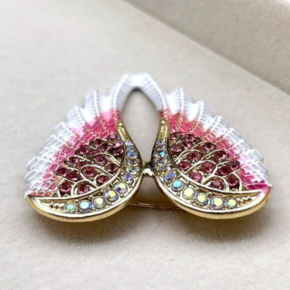 Yellow Gold with Pink Sapphire and AB Crystal Enamel Angel Wing Pin Back Brooch - Picture 6 of 9